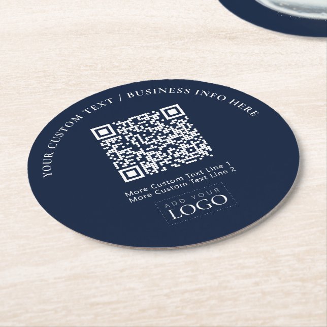 Simple Navy Blue Business Logo QR Code Promotional Round Paper Coaster (Angled)