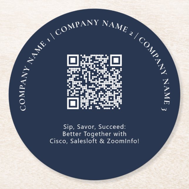 Simple Navy Blue Business Logo QR Code Promotional Round Paper Coaster (Front)