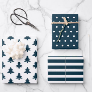 Simple Navy Blue Christmas Trees Mixed Wrapping Paper Sheet