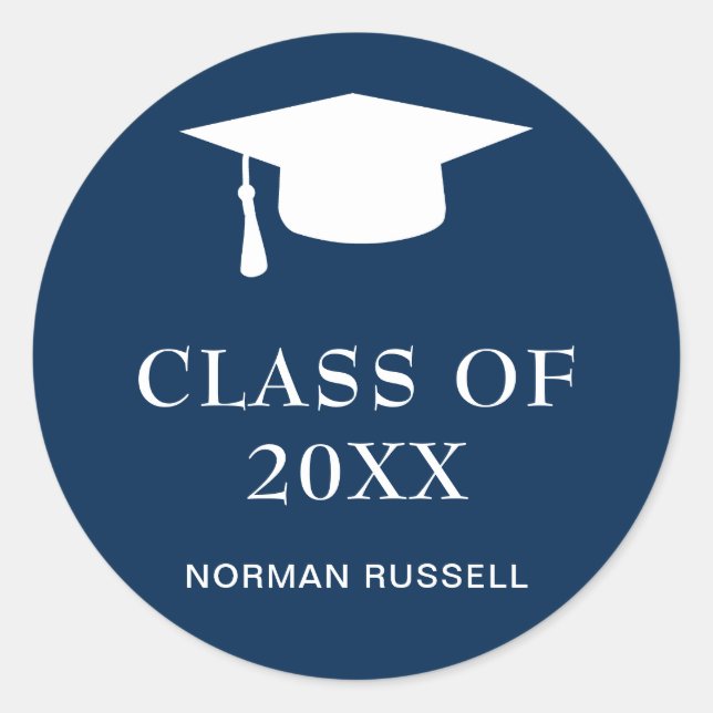 Simple Navy Blue Class Of Year Guy Graduation Cap Classic Round Sticker (Front)