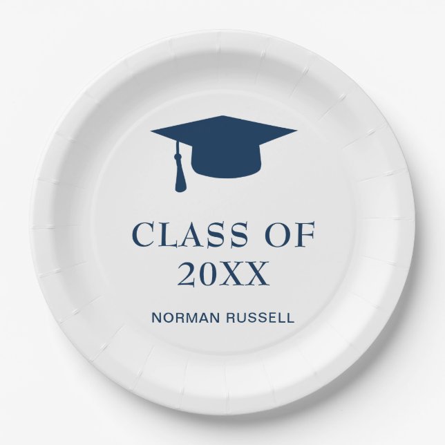 Simple Navy Blue Class Of Year Guy Graduation Cap Paper Plate (Front)
