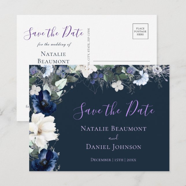 Simple Navy Blue Floral Save the Date Invitation Postcard (Front/Back)