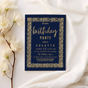 Simple navy blue gold confetti Birthday Party Invitation
