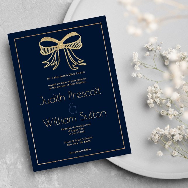 Simple navy blue gold glitter bow ribbon Wedding Invitation (Simple navy blue gold glitter bow ribbon Wedding )