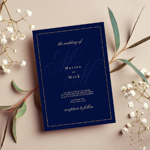 Simple navy blue gold monogram initials Wedding Invitation
