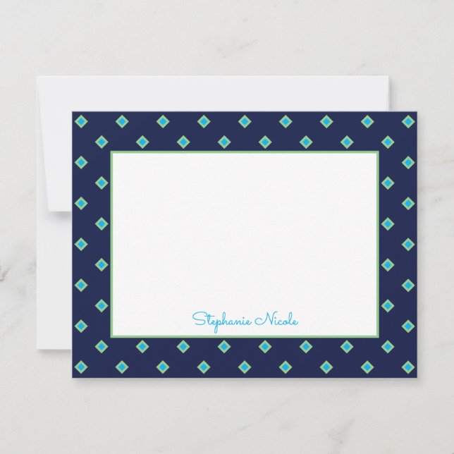 Simple Navy Blue Green Diamond Polka Dot Name Card (Front)