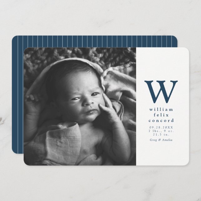 Simple navy blue initial birth announcement (Front/Back)