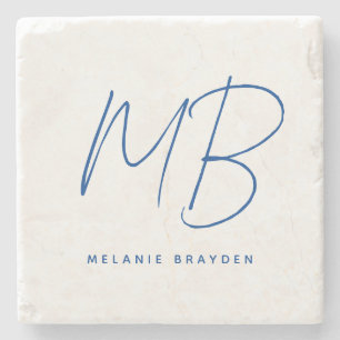 Simple Navy Blue Minimalist Monogram Stone Coaster