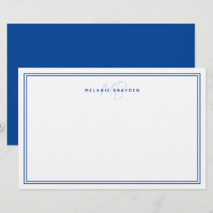 Simple Navy Blue Minimalist Monogram Two Border Stationery