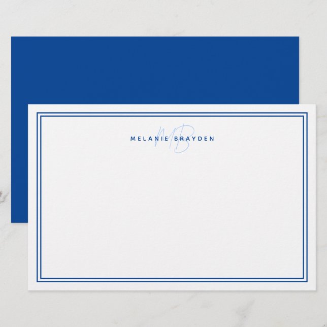 Simple Navy Blue Minimalist Monogram Two Border Stationery (Front/Back)