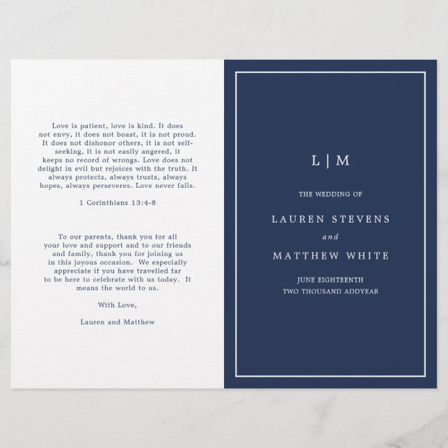 Simple Navy Blue Monogram Élégant programme de mar (Devant)