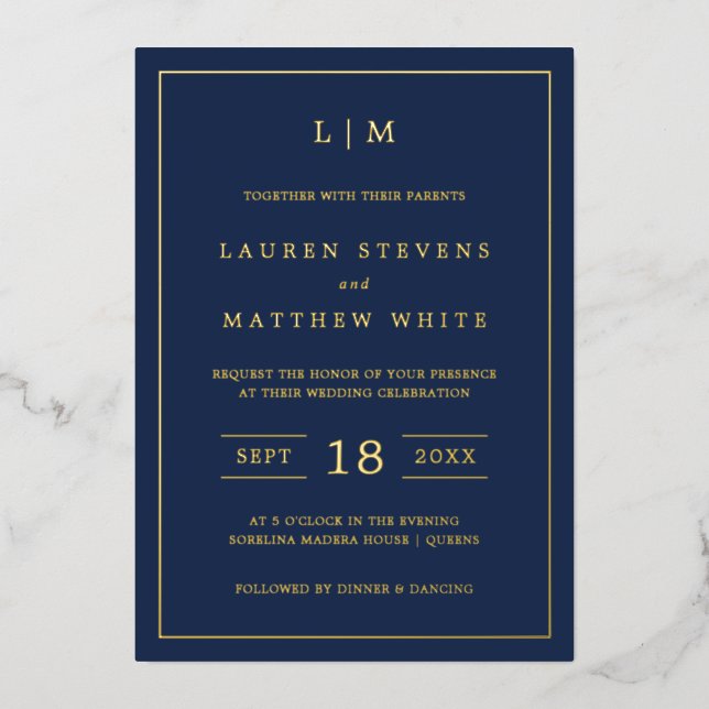 Simple Navy Blue Monogram Elegant Wedding (Front)