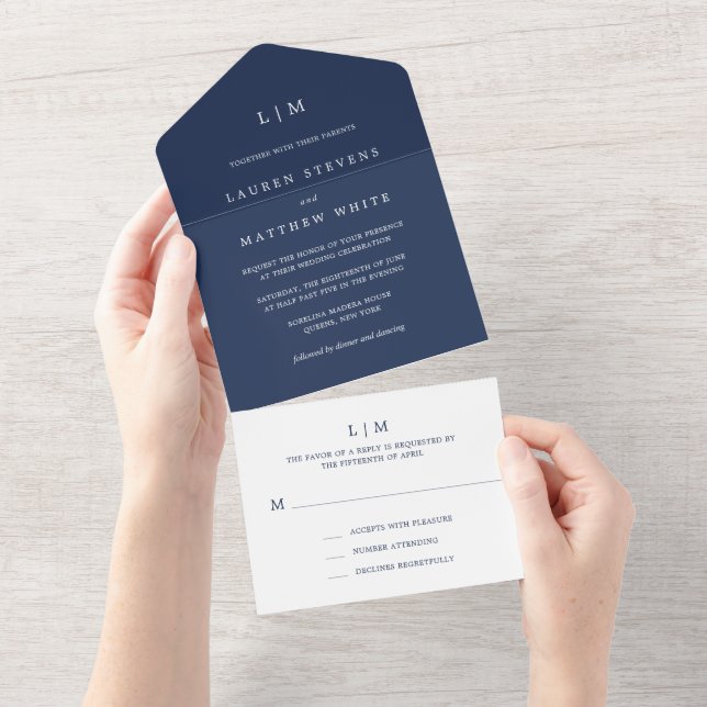 Simple Navy Blue Monogram Elegant Wedding All In One Invitation (Tearaway)
