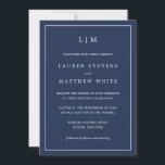 Simple Navy Blue Monogram Elegant Wedding Invitation<br><div class="desc">Simple navy blue wedding invitation featuring a modern yet elegant design with your two letter monogram at the top and your details surrounded by a thin border. The fonts and background colours may be changed to any colours you wish by clicking the "customize" button. A chic and stylish design that...</div>
