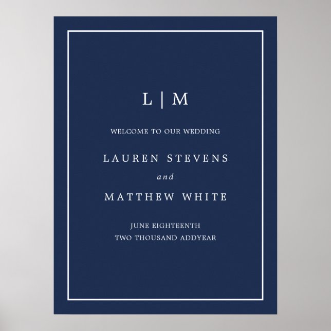 Simple Navy Blue Monogram Elegant Wedding Poster (Front)