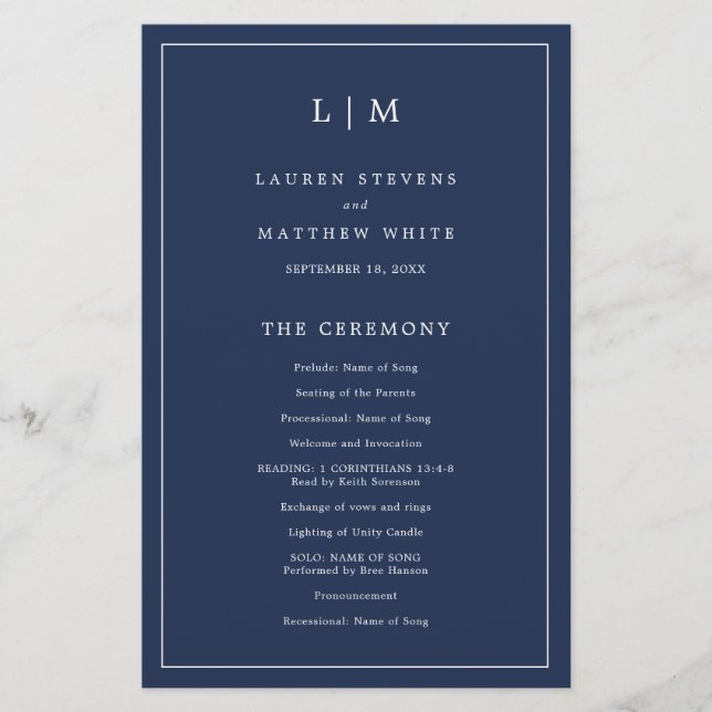 Simple Navy Blue Monogram Elegant Wedding Program (Front)