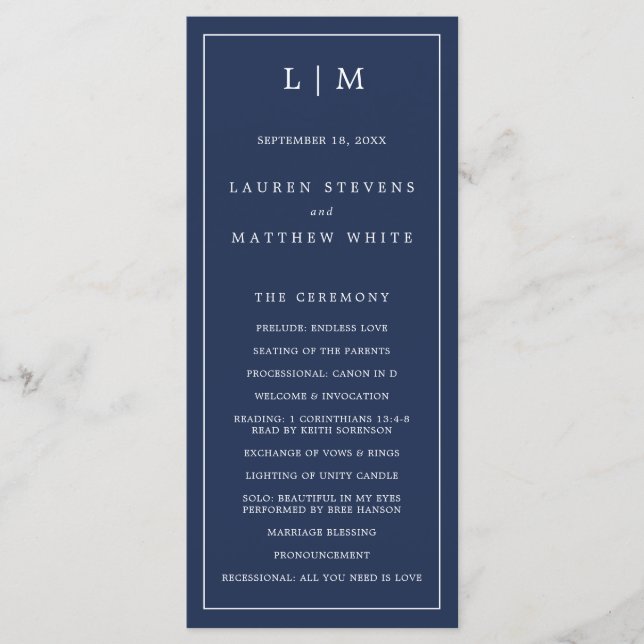 Simple Navy Blue Monogram Elegant Wedding Program (Front)
