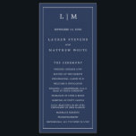 Simple Navy Blue Monogram Elegant Wedding Program<br><div class="desc">Modern Wedding Program featuring a simple yet elegant design with a traditional layout. Your two letter monogram is at the top along with your details surrounded by a thin border. All design elements are white over a navy blue background and may be changed in the design editing tool. A minimalist...</div>