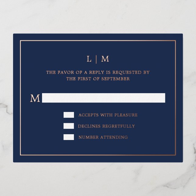 Simple Navy Blue Monogram Elegant Wedding RSVP Foil Invitation Postcard (Front)