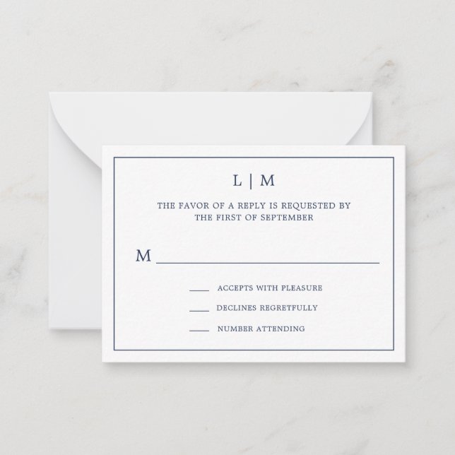 Simple Navy Blue Monogram Mini Wedding RSVP Card (Front)