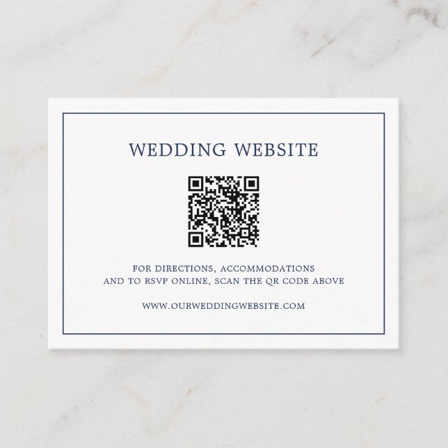 Simple Navy Blue Monogram QR Code Elegant Wedding Enclosure Card (Front)