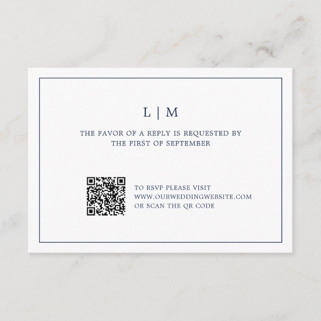 Simple Navy Blue Monogram QR Code Elegant Wedding RSVP Card (Front)