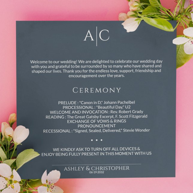 Simple Navy Blue Monogram Wedding Ceremony Program (Creator Uploaded)