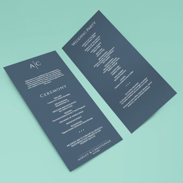 Simple Navy Blue Monogram Wedding Ceremony Program (Creator Uploaded)