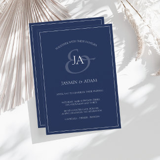 Simple Navy Blue Monogram Wedding Invitation