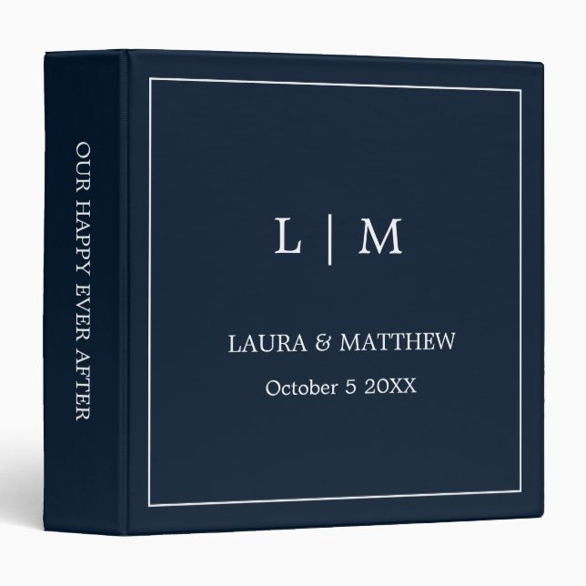 Simple Navy Blue Monogram Wedding Photo Album Binder (Front/Spine)
