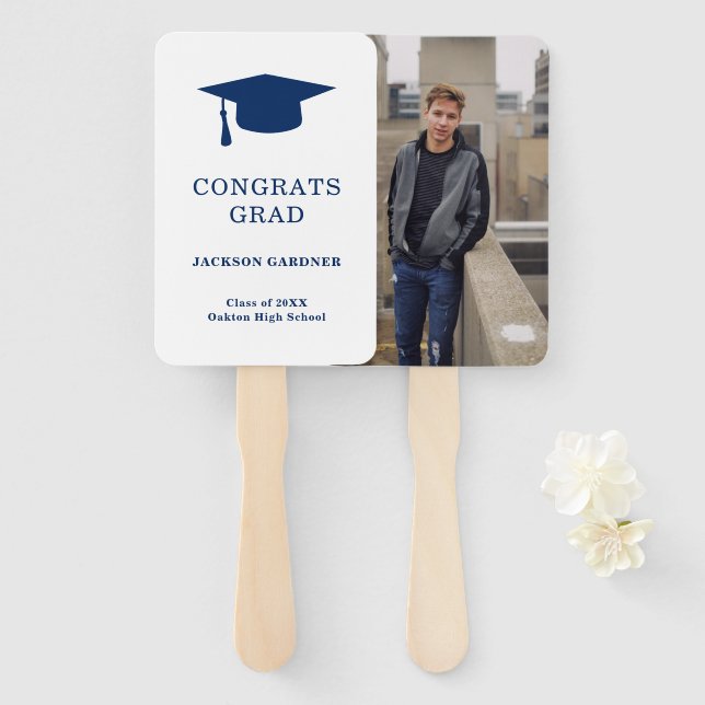 Simple Navy Blue Mortar Board Modern Graduation Hand Fan (Front and Back)