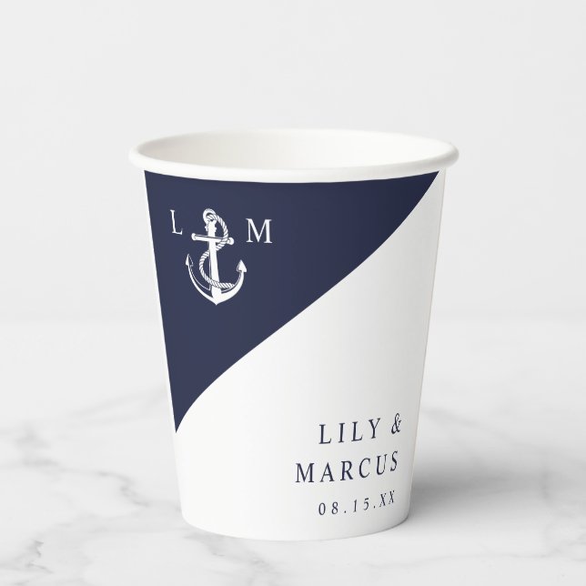 Simple Navy Blue Nautical Elegant Monogram Wedding Paper Cups (Back)