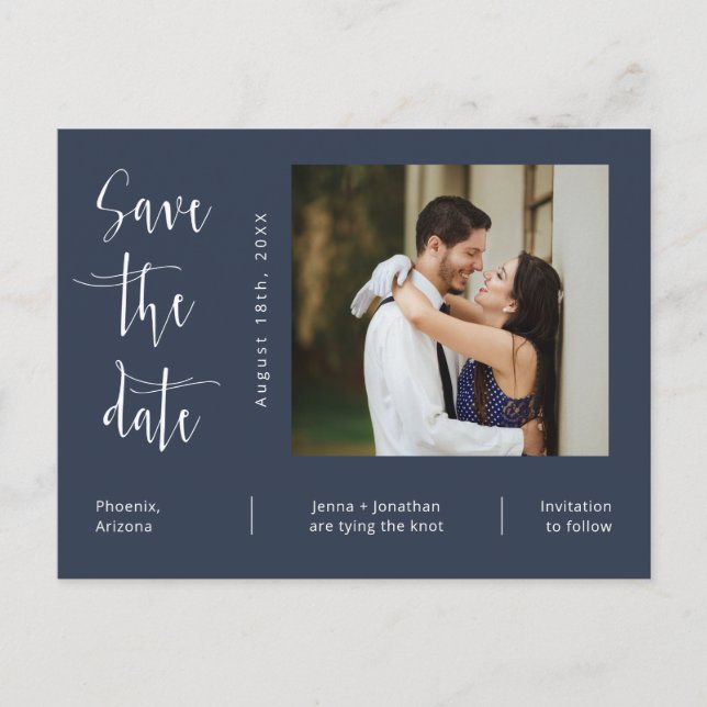 Simple Navy Blue Photo QR Code Save The Date Postcard (Front)