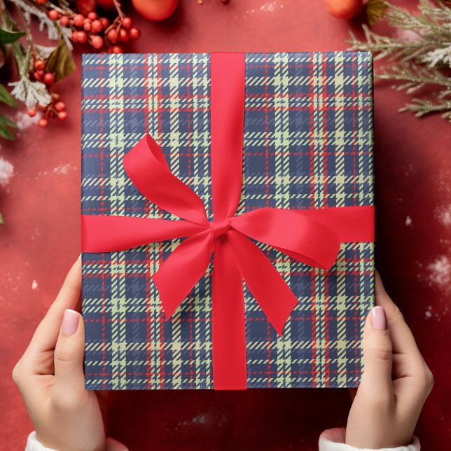 Simple Navy Blue Red Rustic Plaid Pattern  Wrapping Paper (Simple Navy blue rustic plaid wrapping paper)