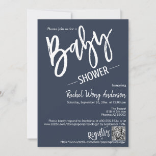 Simple Navy Blue Script Baby Shower QR Code Photo Invitation