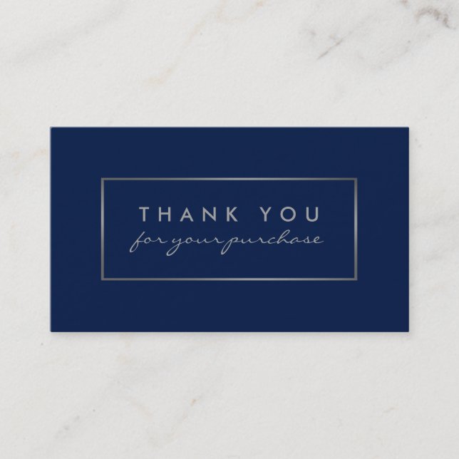 Simple Navy Blue & Silver Foil Effect Thank You Business Card (Front)