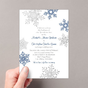 Simple Navy Blue Silver Snowflake Winter Wedding Acrylic Invitations