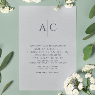 Simple Navy Blue & Steel Grey Monogram Wedding Invitation