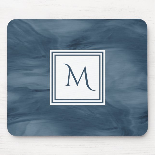 Simple Navy Blue Subtle Marble Modern Monogram Mouse Pad (Front)