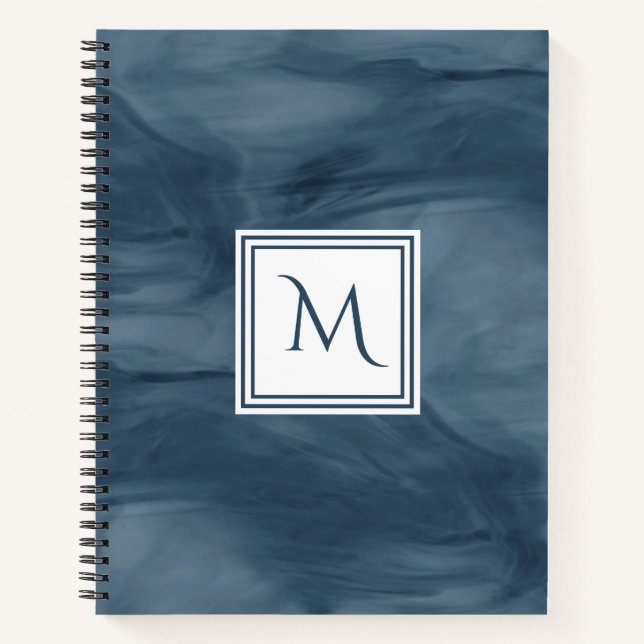 Simple Navy Blue Subtle Marble Modern Monogram Notebook (Front)