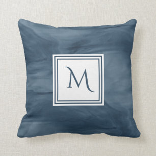 Simple Navy Blue Subtle Marble Modern Monogram Throw Pillow