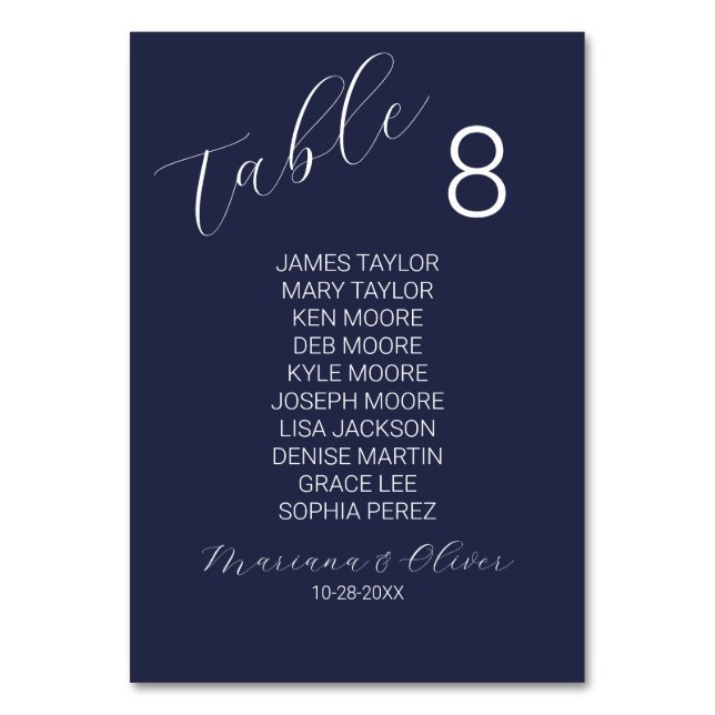 Simple Navy Blue Table Number Card with Names (Front)