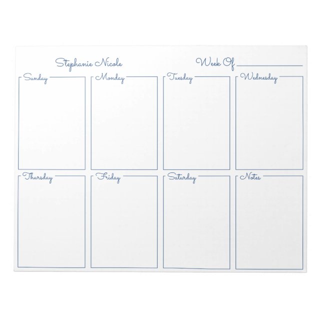 Simple Navy Blue Thin Border Name Weekly Planner Notepad (Front)
