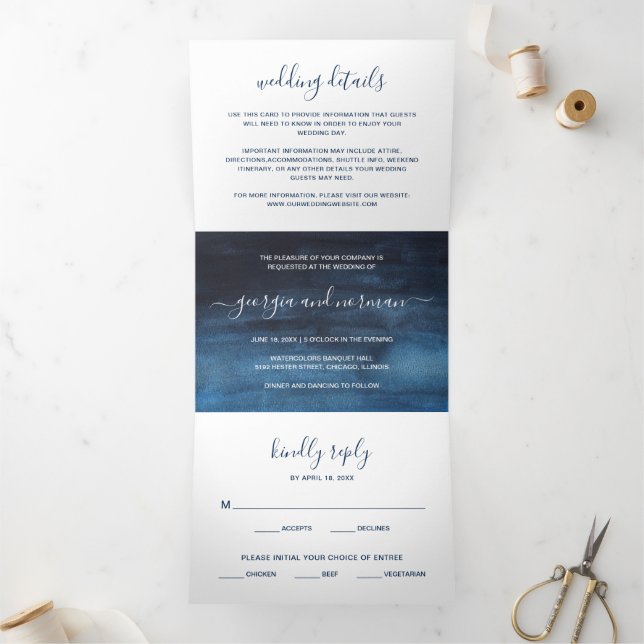 Simple Navy Blue Watercolor Modern Wedding Tri-Fold Invitation (Inside)