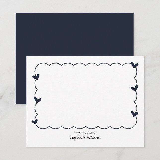 Simple Navy Blue Wavy Border Heart Stationery Card (Front/Back)