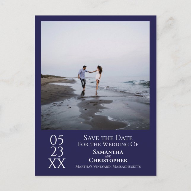 Simple Navy Blue Wedding Save the Date Photo Postcard (Front)