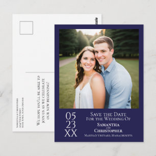 Simple Navy Blue Wedding Save the Date Photo Postcard