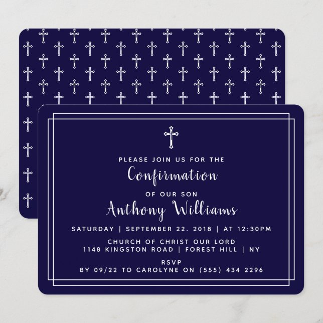 Simple Navy Blue & White Holy Cross Confirmation Invitation (Front/Back)