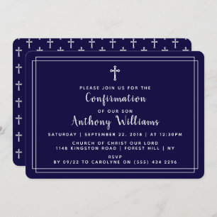 Simple Navy Blue & White Holy Cross Confirmation Invitation