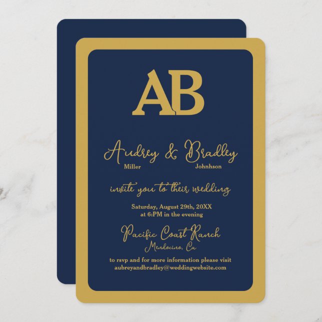 Simple Navy Gold 2 Letter Monogram Wedding Invitation (Front/Back)